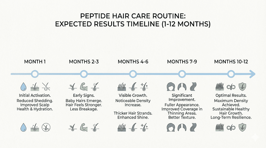 Peptide shampoo results timeline showing monthly progress expectations