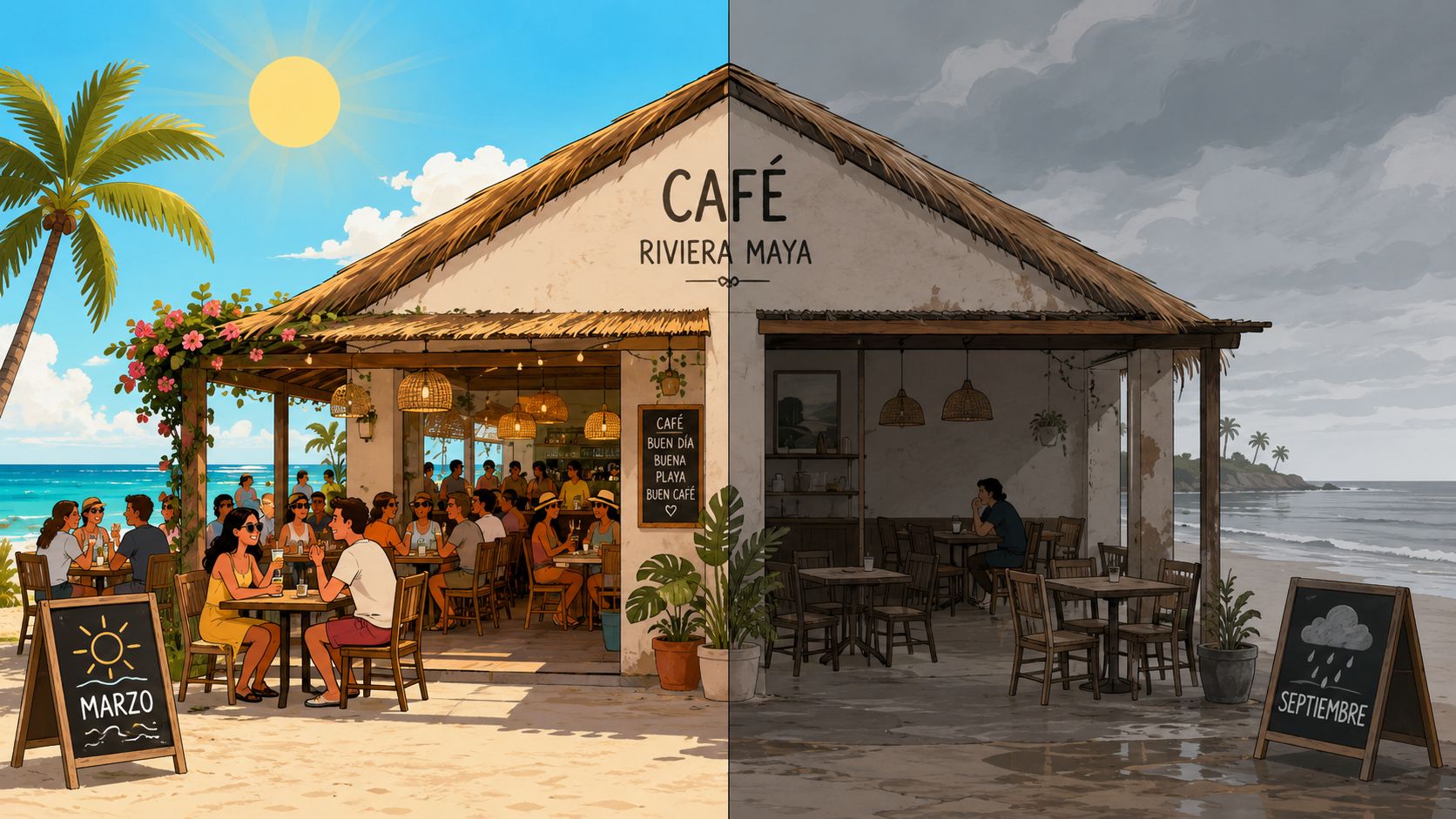 Comparativa de un restaurante de playa entre la concurrida temporada alta de marzo y la tranquila temporada baja.