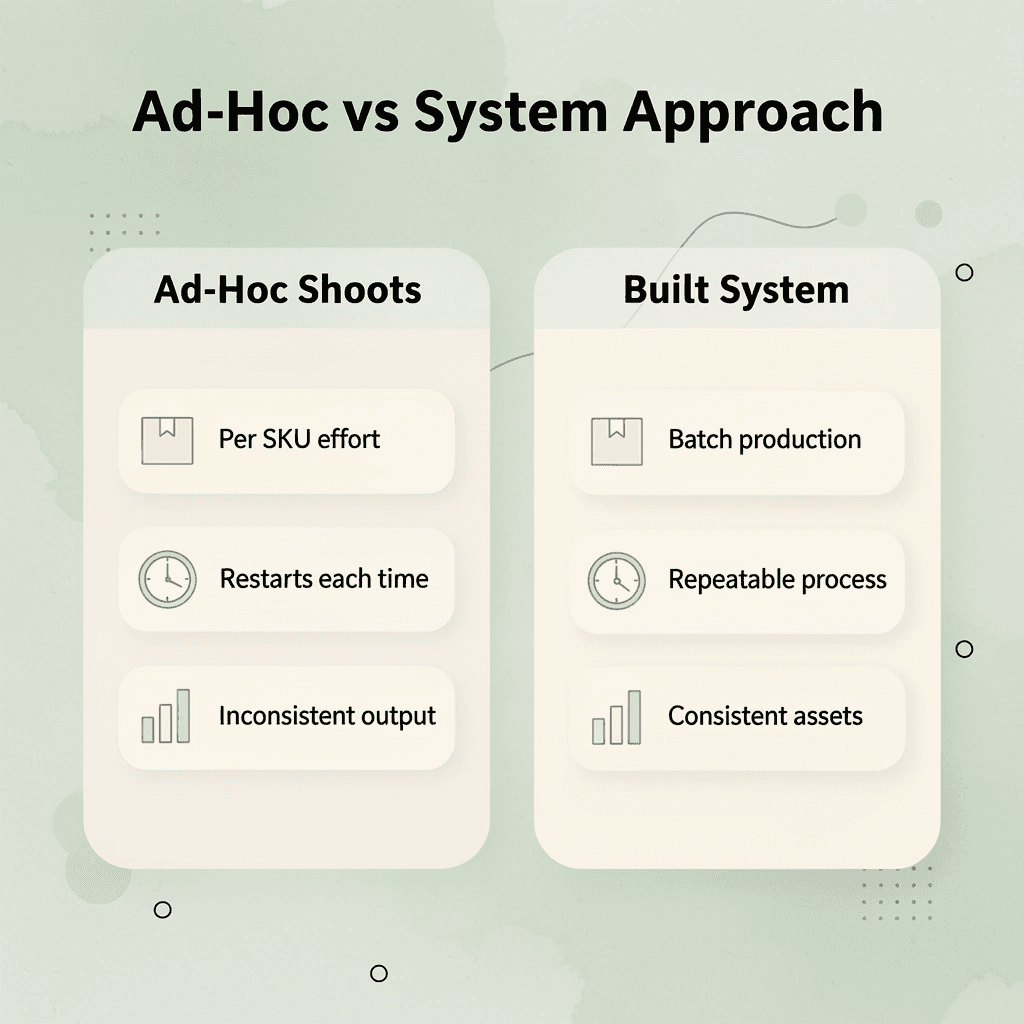 Comparison infographic showing ad-hoc shoots versus a built visual content system