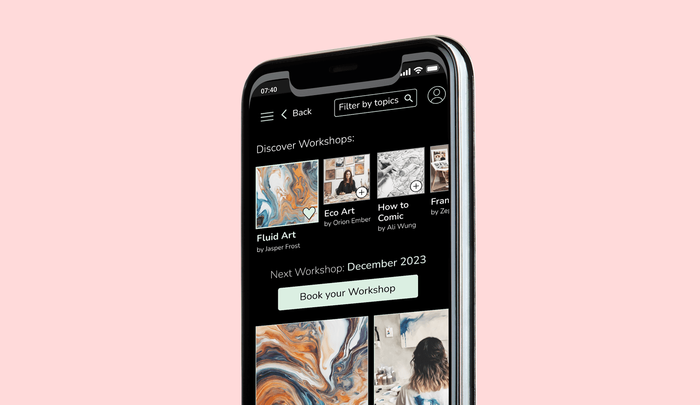 Cut of an iphone displaying Art.Be app screen about discovering workshop: a list of pictures that serves as preview of available workshops in the city, and a button to book them