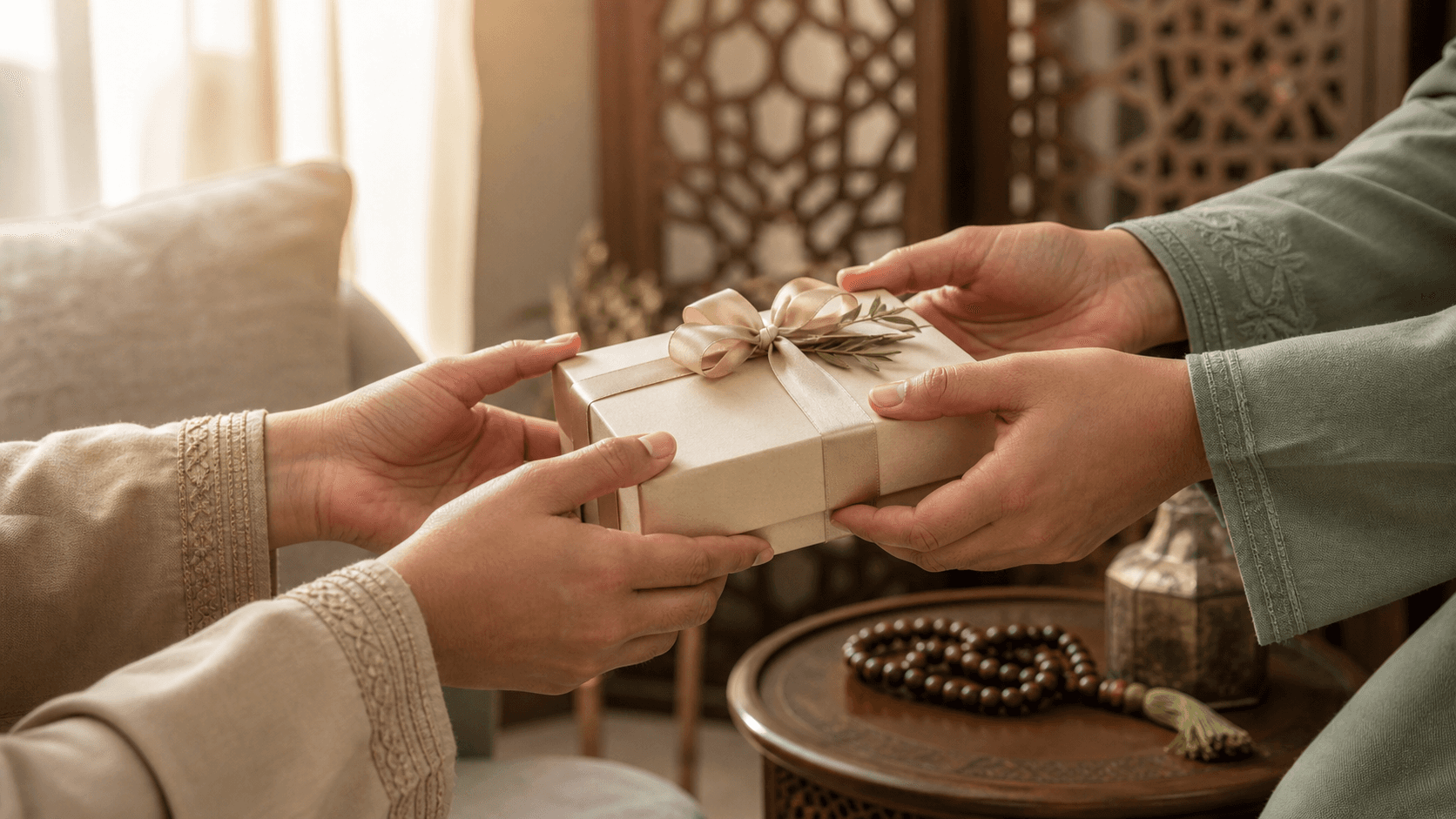 Modest hands exchanging a wrapped gift, showing the adab of giving gifts in Islam