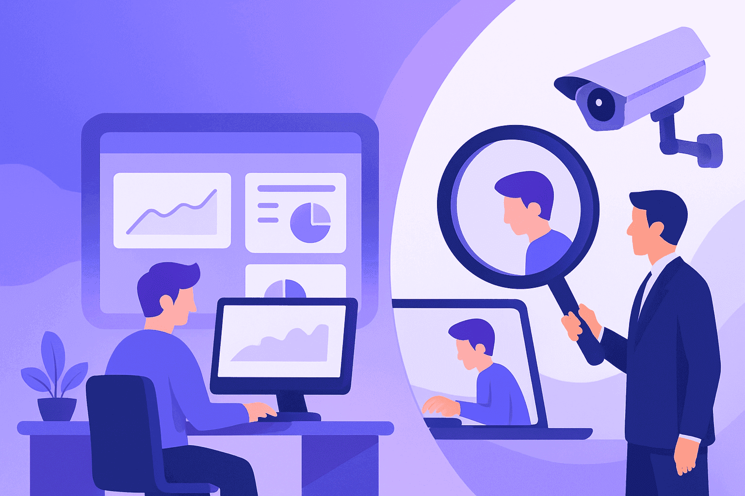 Abstract digital illustration contrasting employee monitoring and surveillance in an office, showing a worker at a computer and a supervisor with a magnifying glass, using blue and violet tones.