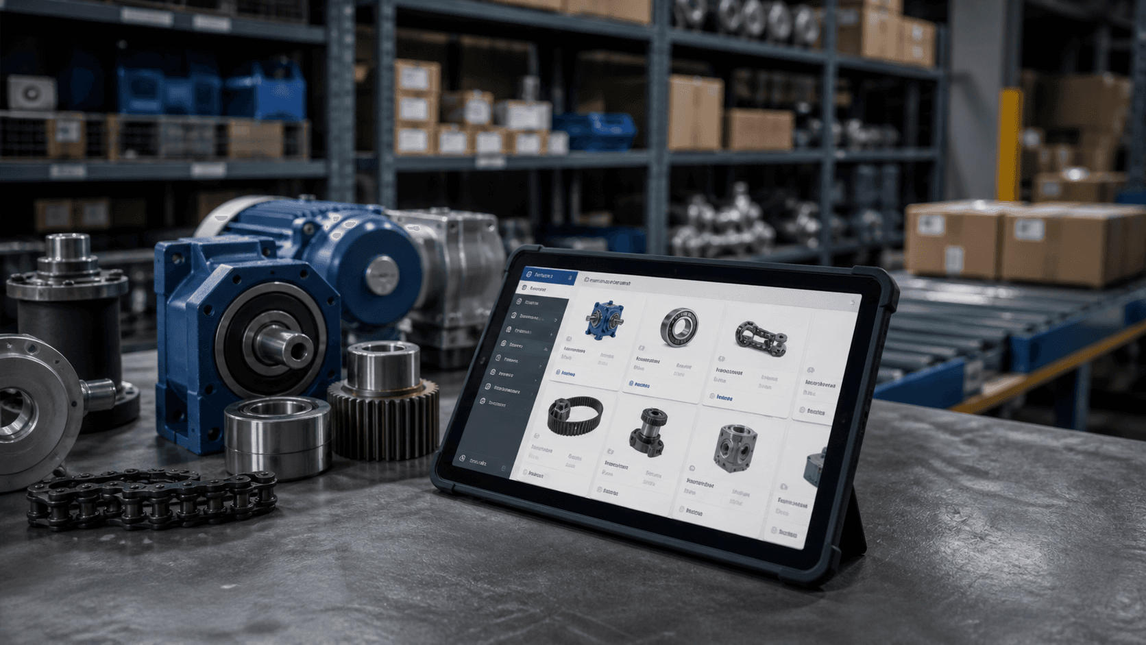 Ambiente industrial organizado com prateleiras ao fundo cheias de peças e caixas; em primeiro plano, uma bancada com componentes mecânicos (engrenagens, rolamentos e motor) ao lado de um tablet exibindo um catálogo técnico digital de produtos.