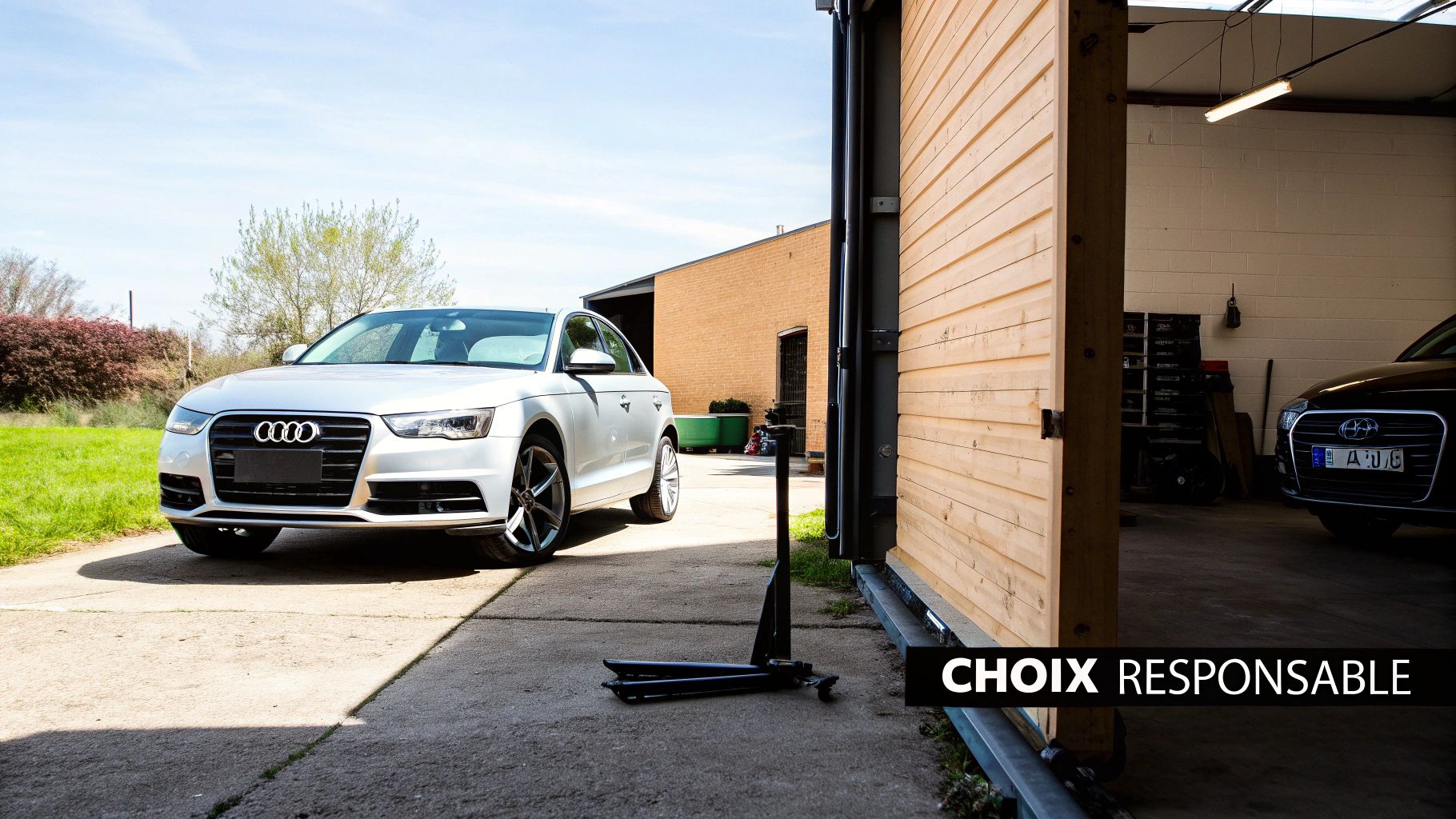 Une Audi A3 blanche garée devant un garage avec une porte en bois et une Audi noire à l'intérieur.