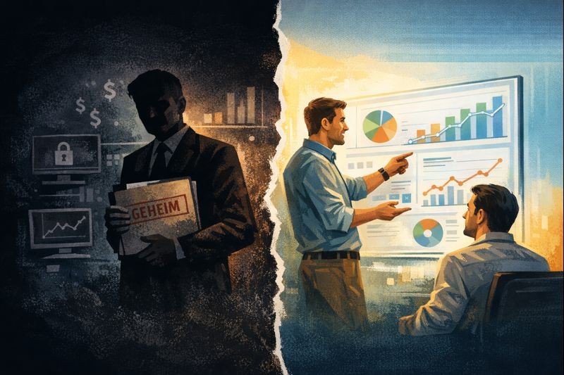 Illustration zum Transparenzproblem in der Marketing- und Agenturbranche. Eine Agentur hält Kundendaten zurück, während auf der anderen Seite eine datengetriebene Beratung mit offenen Dashboards, klaren Kennzahlen und geteilter Performance-Analyse gezeigt wird.