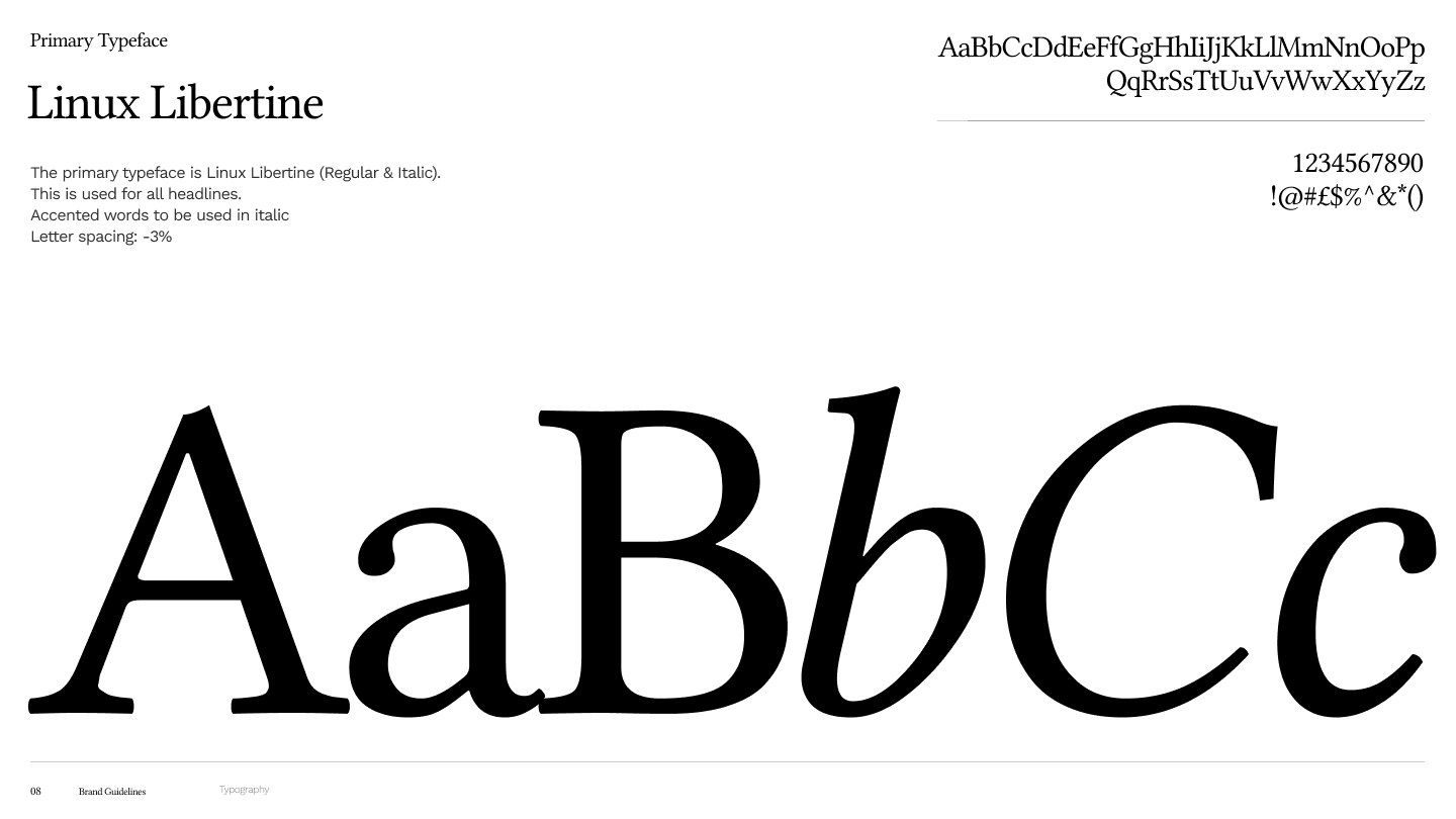 Linux Libertine, the primary typeface, used for all headlines at minus two percent tracking