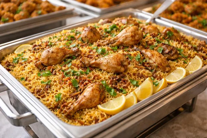 Chicken biryani in a buffet chafing tray with lemon wedges