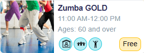 An event card for Zumba gold with image and cost