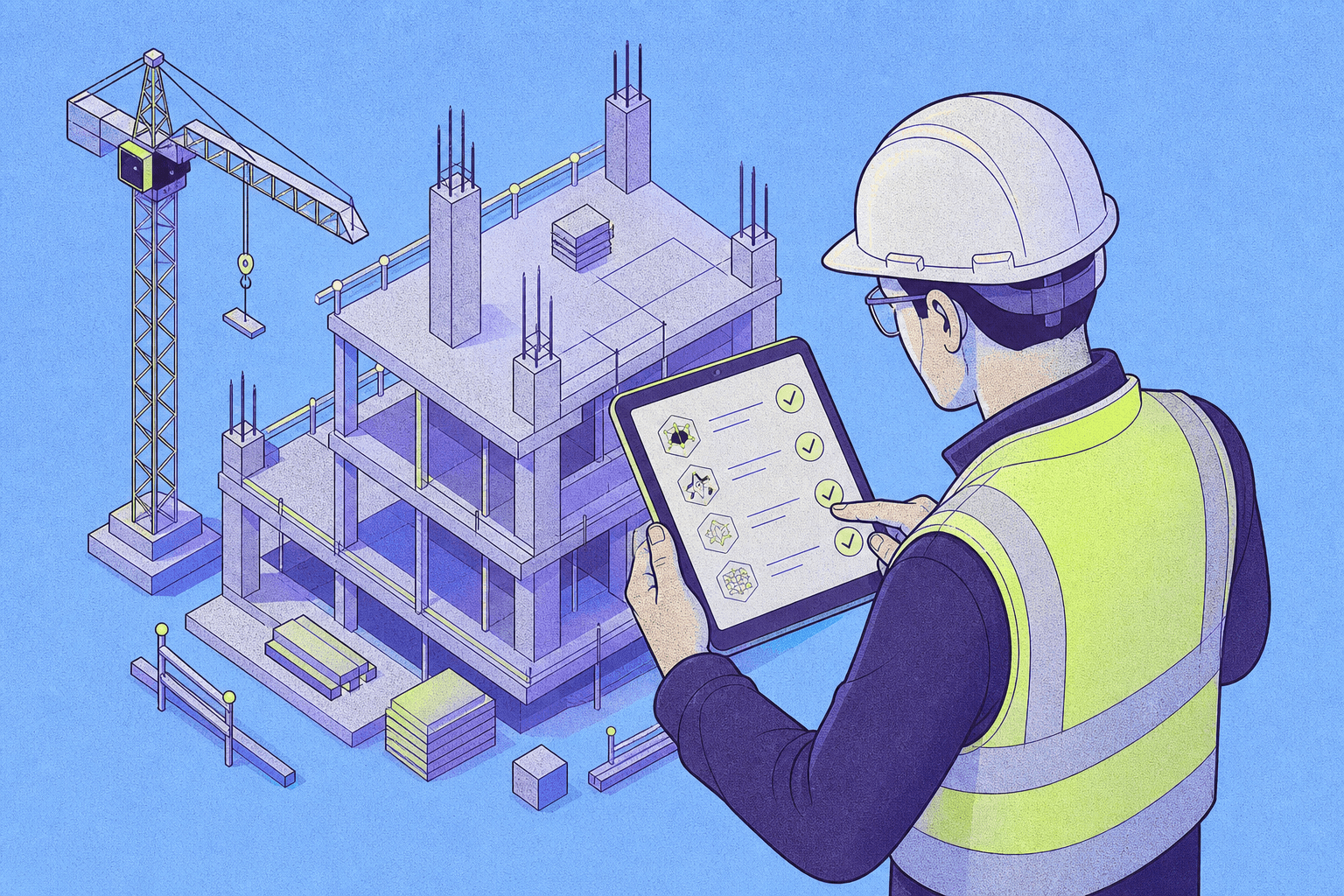 Illustration of a person and a building under construction