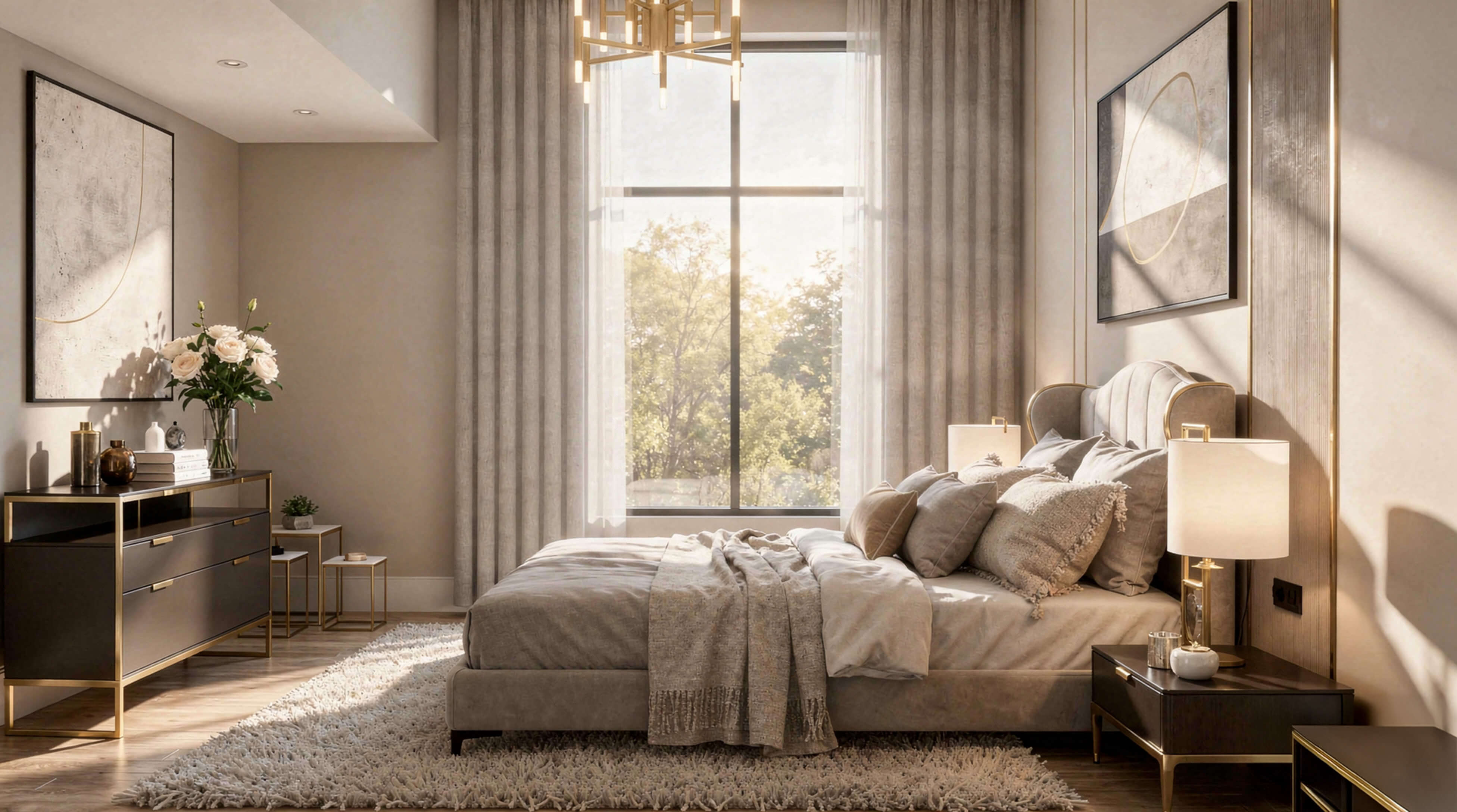 Elegant primary bedroom with plush upholstered bed, neutral textiles, sheer curtains, and soft daylight