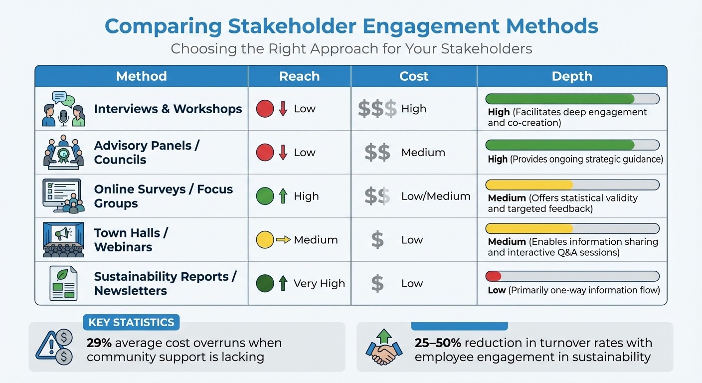 Stakeholder Engagement Methods Comparison: Reach, Cost, and Depth Analysis
