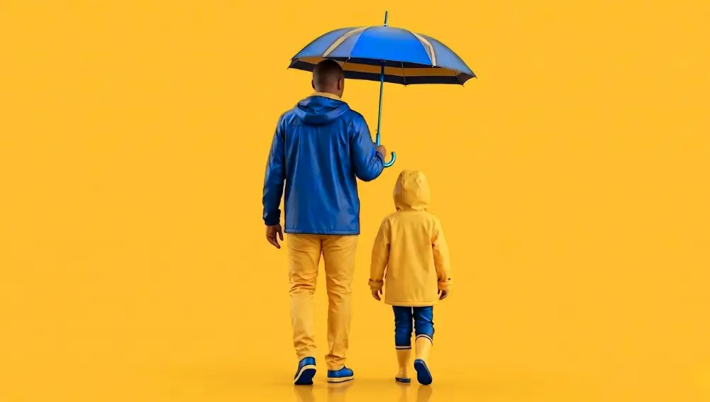 Man and child in raincoats with an umbrella symbolizing protection and guidance.