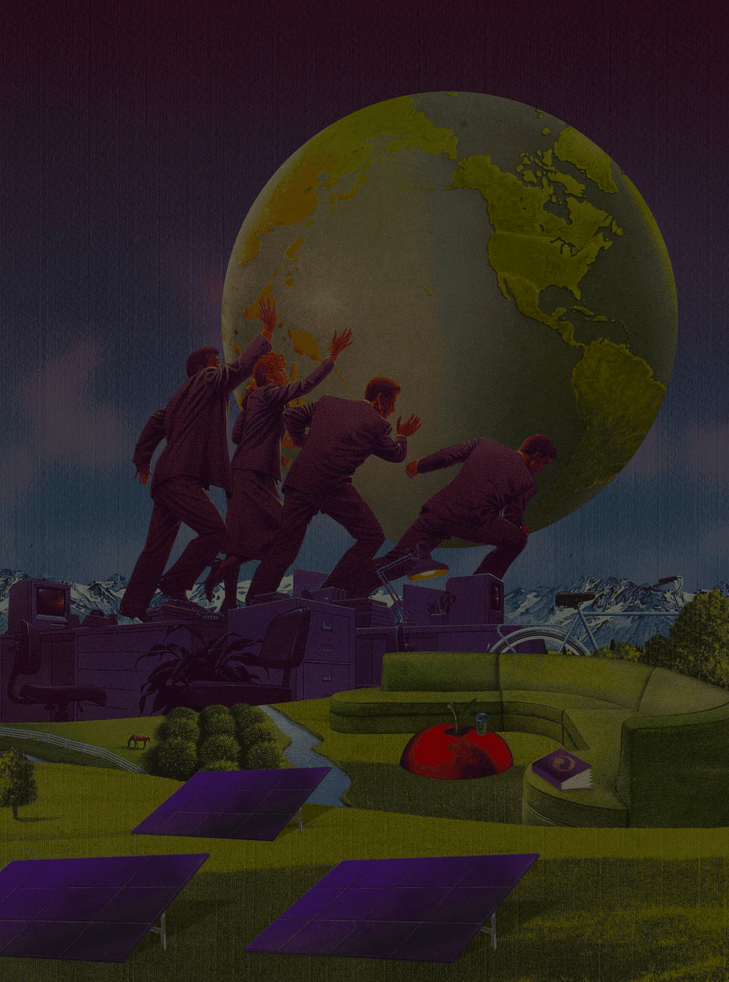 Blurry cityscape with red light and street lights at night.