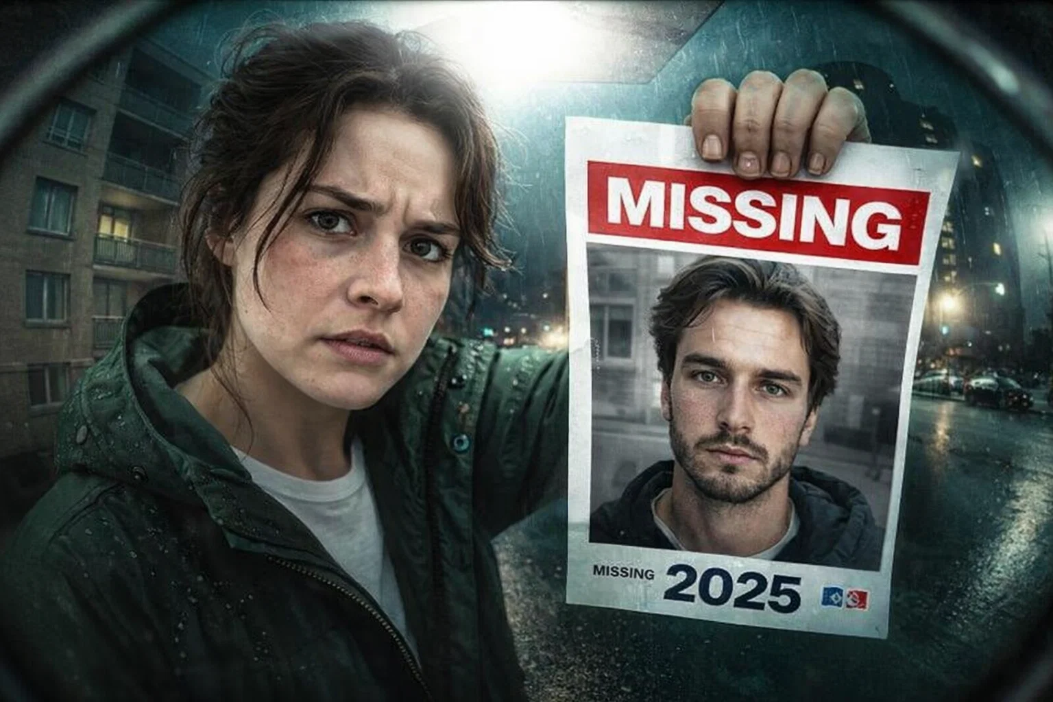 Woman holds a missing person poster of a man, "Missing 2025" text.