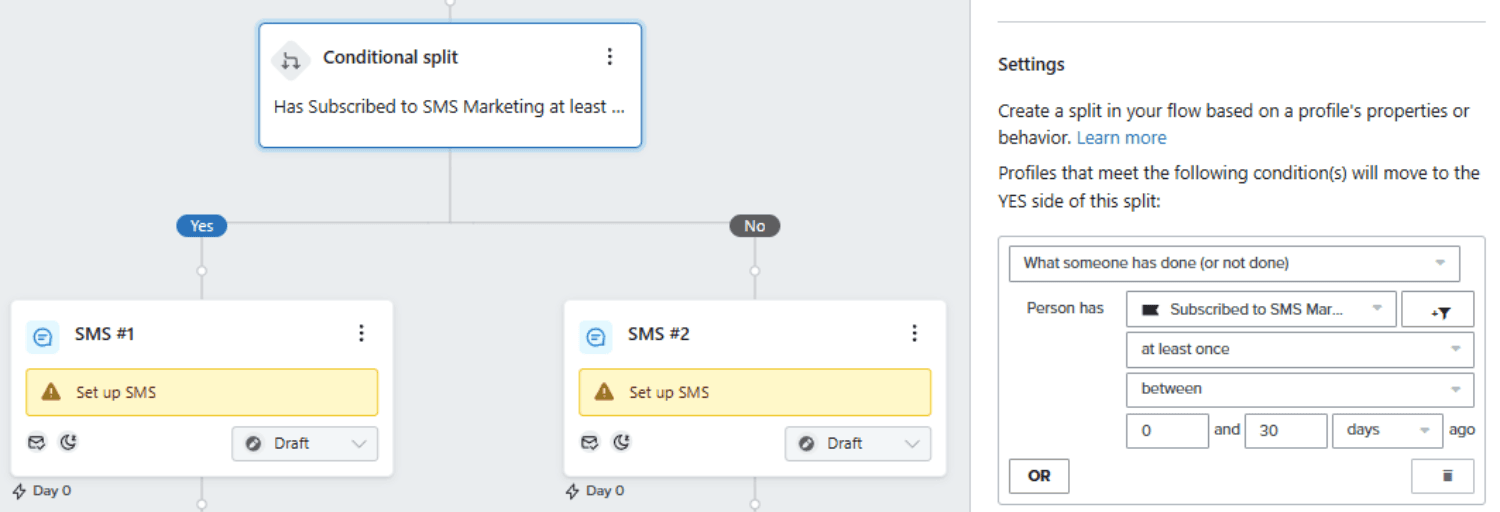 Date-Based Split.png – Klaviyo flow with a conditional split checking if a user has subscribed to SMS marketing within the last 30 days.