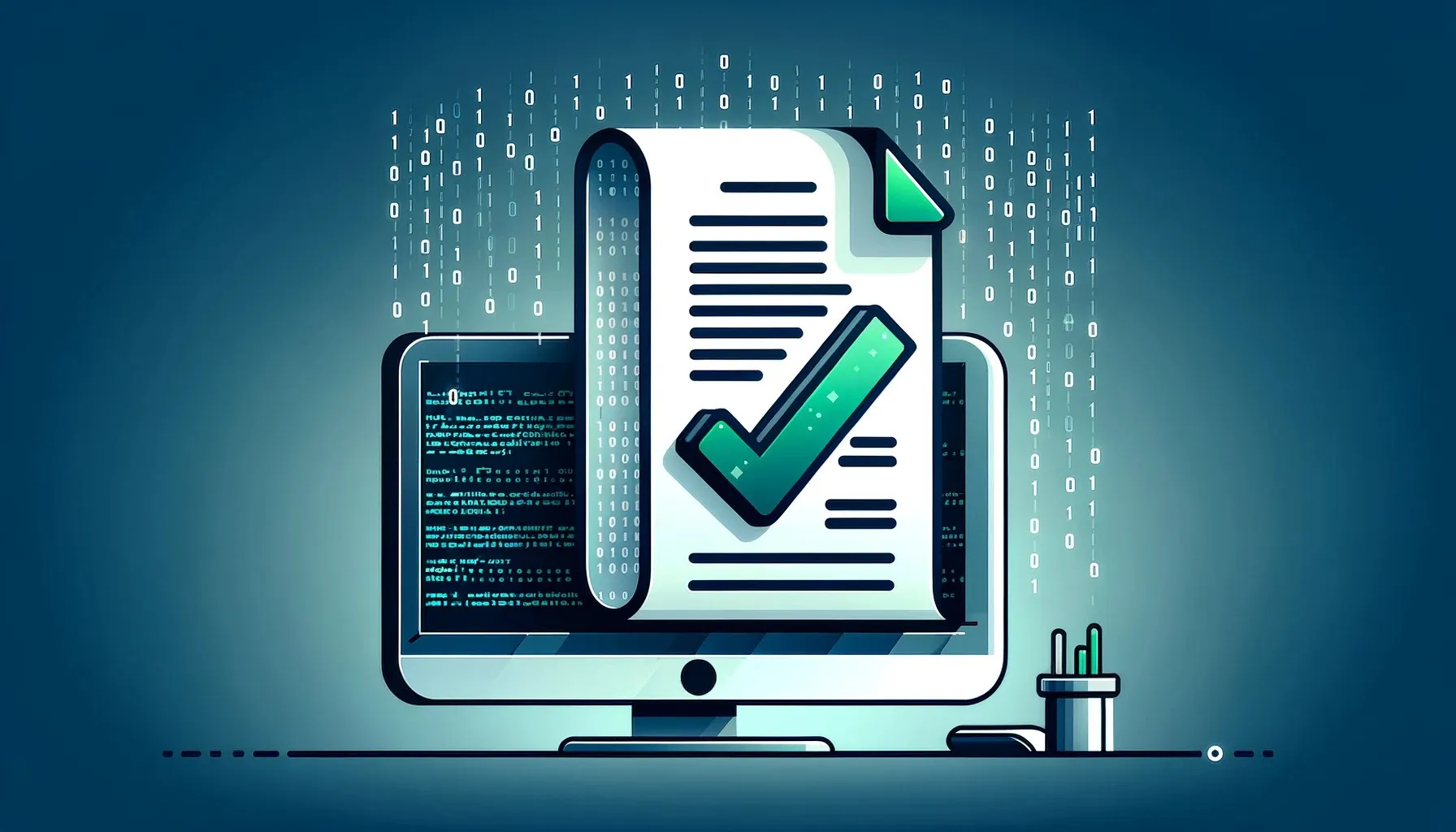 Ilustration of a terminal with code and a data contract being validated.