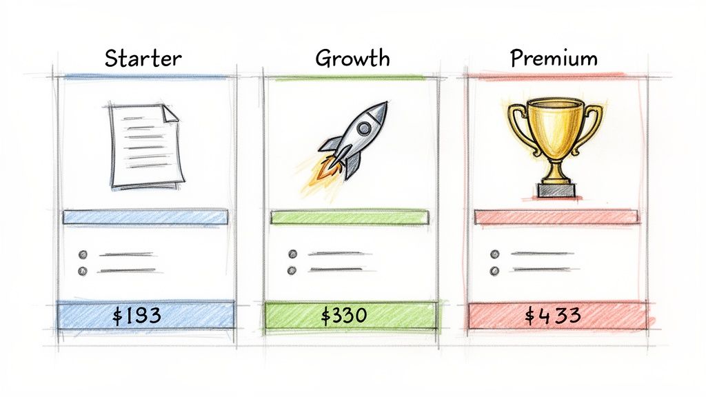 Hand-drawn sketch of three pricing plans: Starter, Growth, Premium, with icons and prices.
