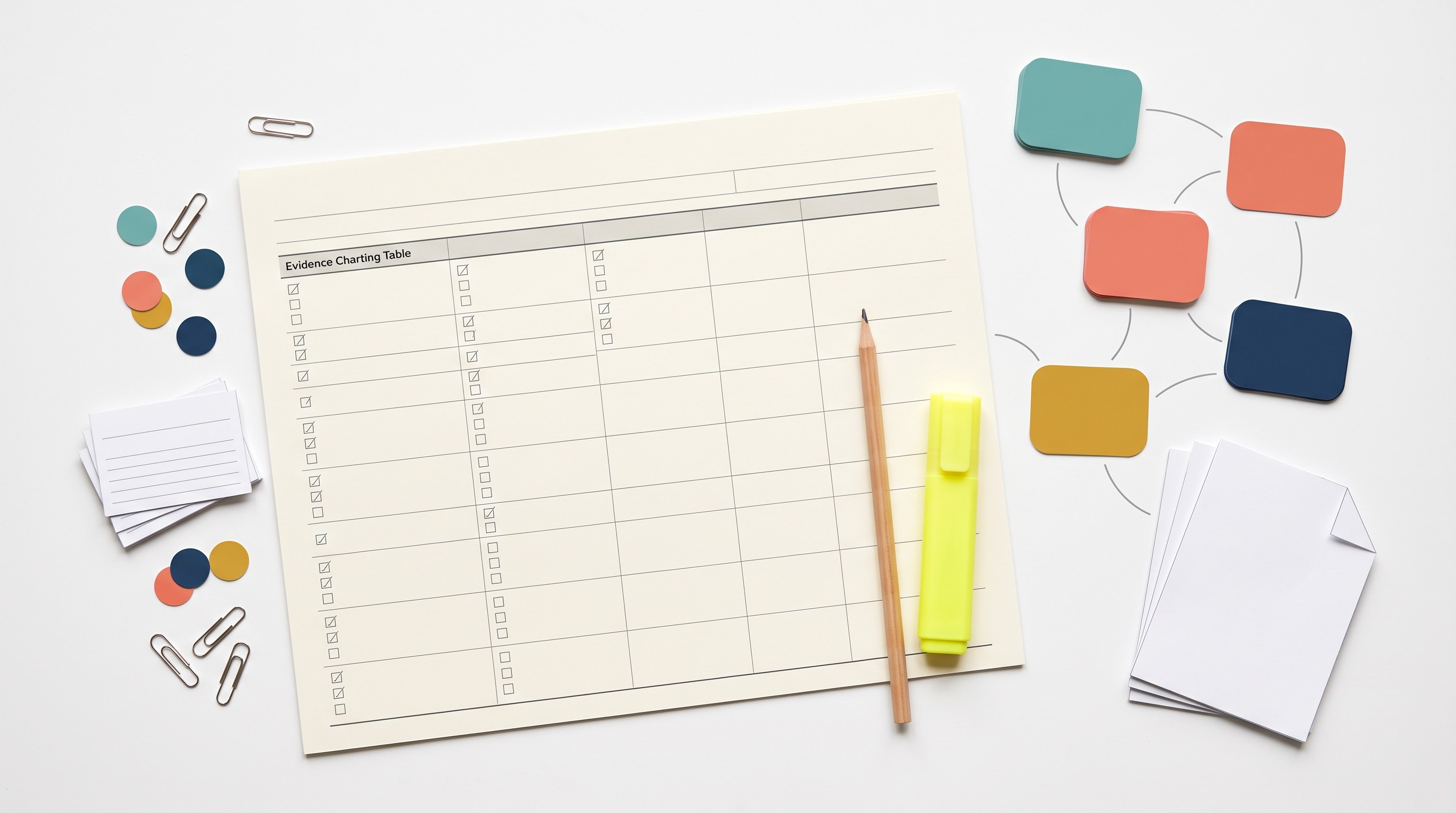 Scoping review evidence charting table and thematic map