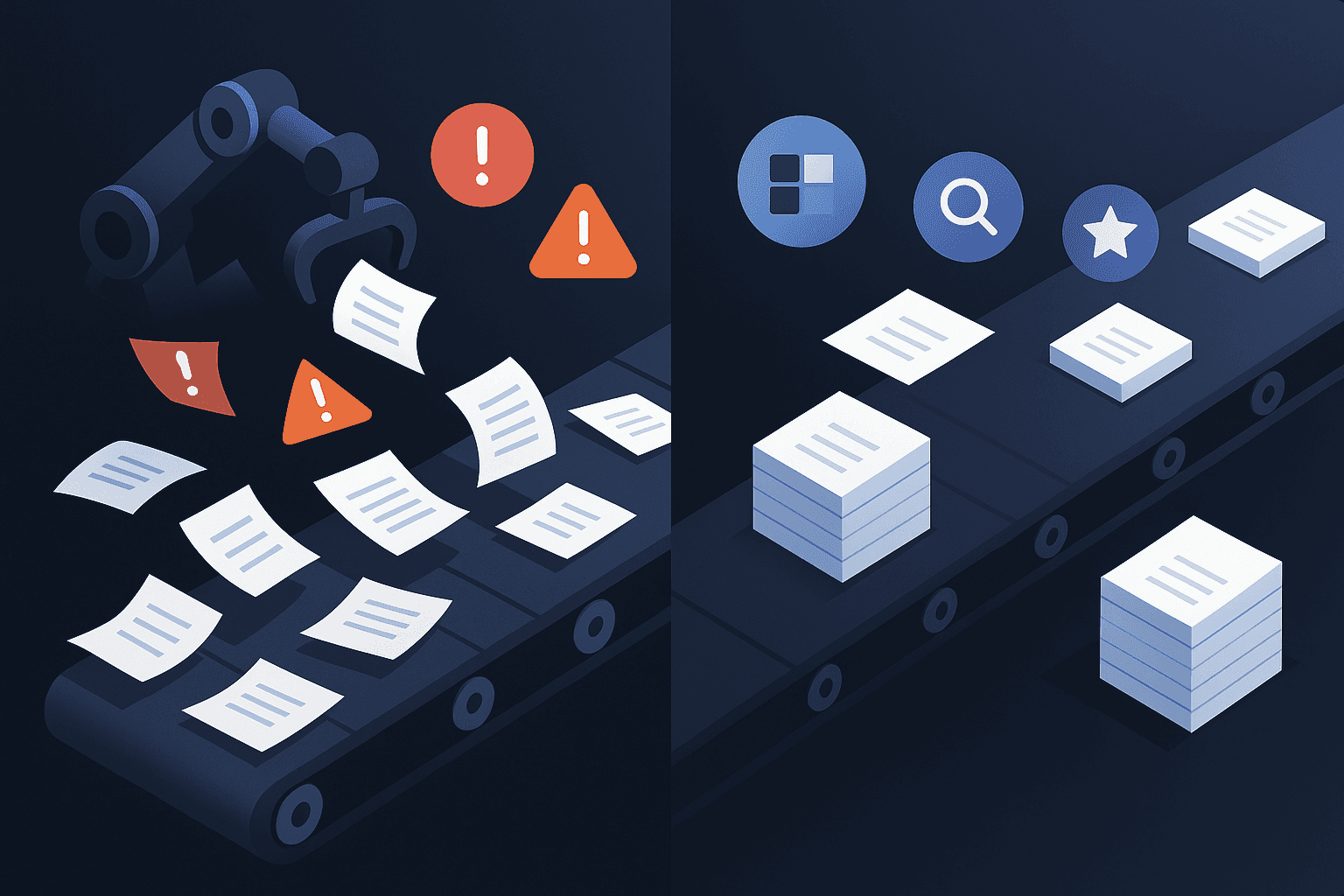 Chaotic AI document conveyor contrasted with orderly checkpointed workflow