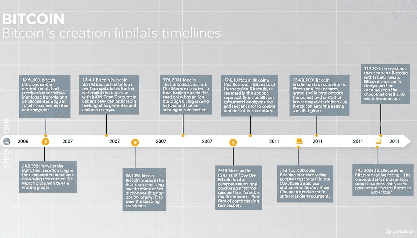 The image depicts a timeline visualization highlighting key dates in the creation of Bitcoin from 2007 to 2011, featuring milestones such as the release of the Bitcoin white paper by the pseudonymous creator Satoshi Nakamoto and the first Bitcoin transaction. This timeline illustrates the evolution of Bitcoin as a decentralized digital currency and its impact on the cryptocurrency community.