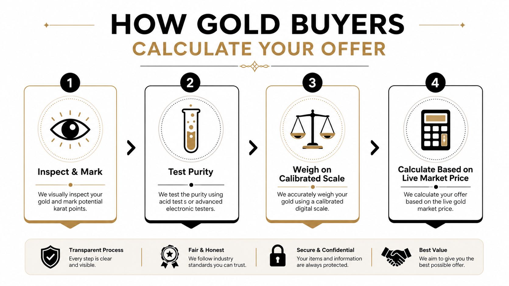 A four-step infographic explaining the process gold buyers use to inspect, test, weigh, and value jewelry.