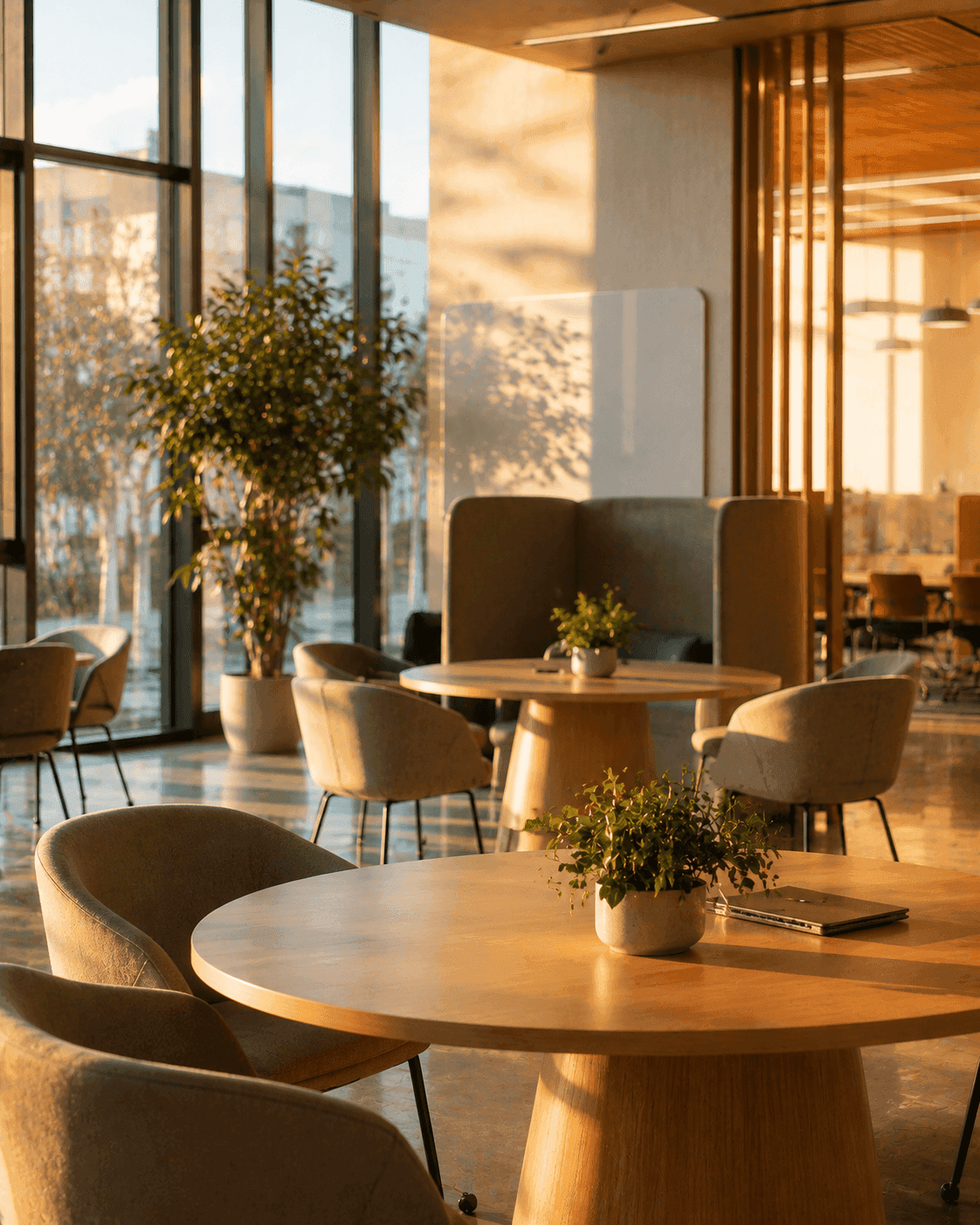 Sunlit lounge seating area with round tables, plants, and a laptop
