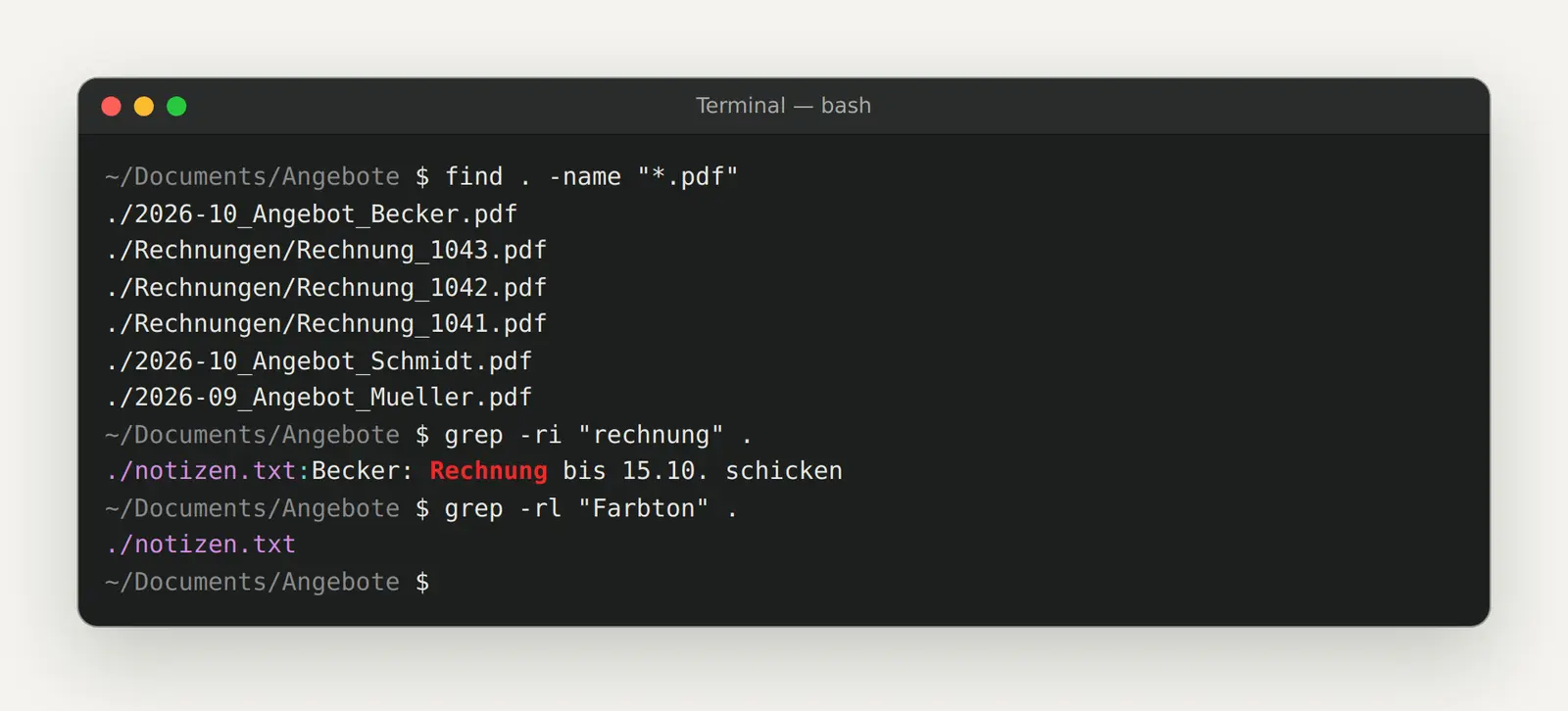 Dateien im Terminal finden mit find und Text suchen mit grep