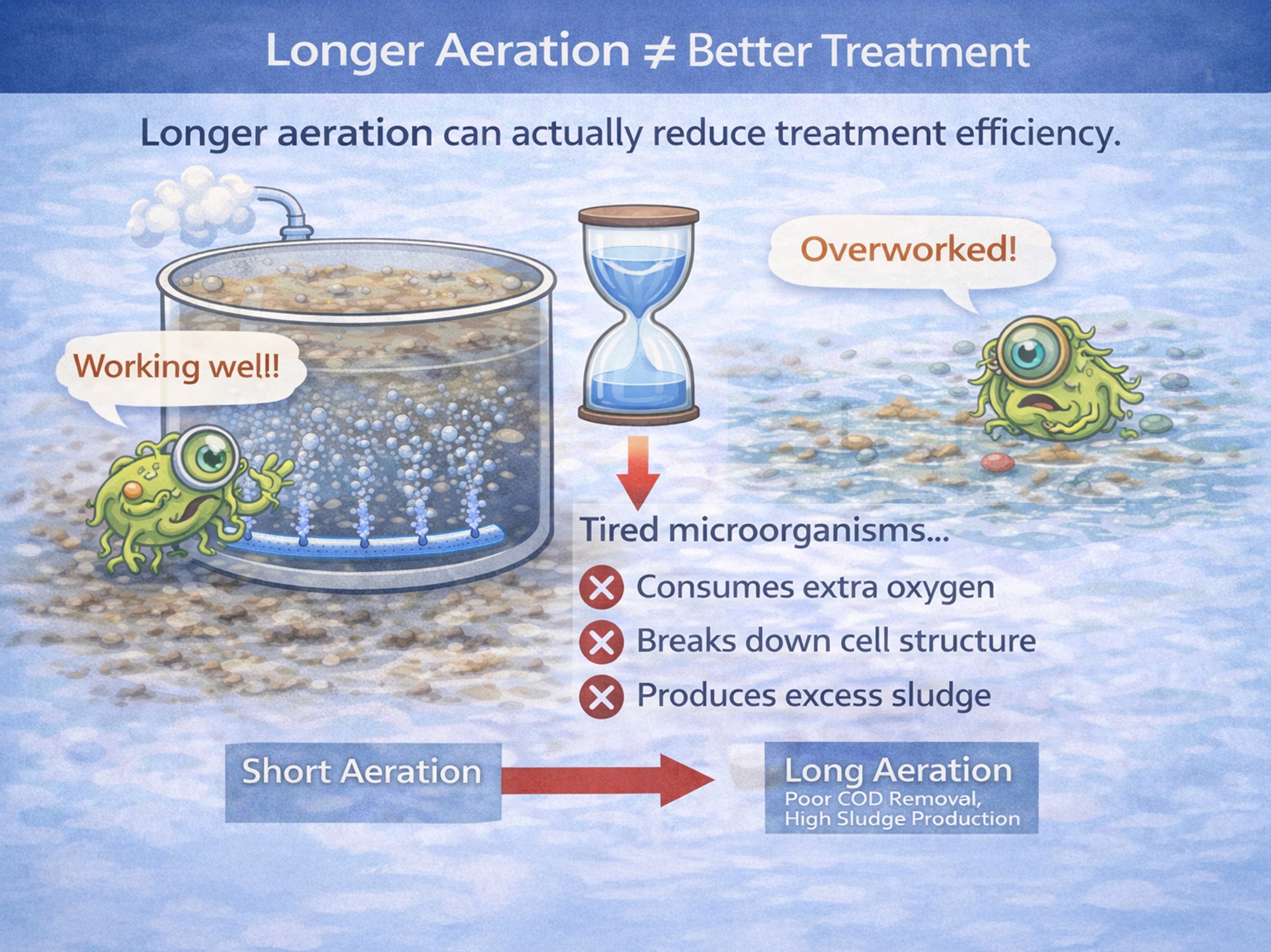 Wastewater treatment illustration explaining why excessive aeration lowers biological efficiency and overworks treatment microorganisms.