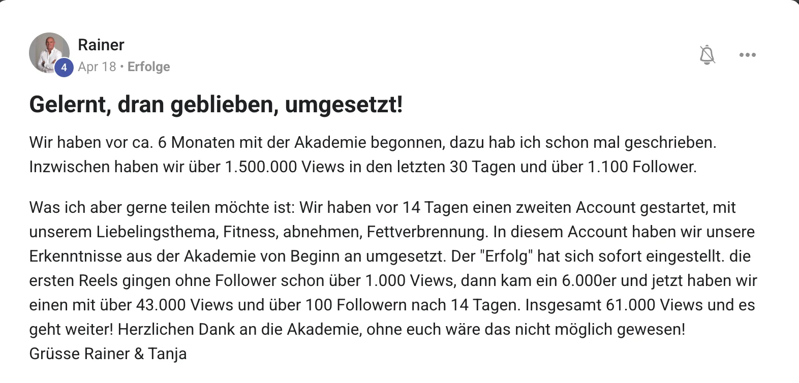 Erfolgsbericht KI Creator Akademie: Fitnesscoach Rainer mit über 1,5 Millionen Views in 30 Tagen