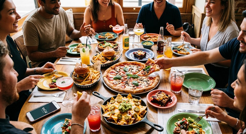 An eye-catching overhead photograph of a group of friends sharing a abundant meal of pizza, burgers, nachos, and cocktails at a large wooden table, symbolizing social dining and weekend fun.