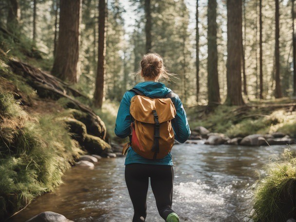 woman with a backpack by the river