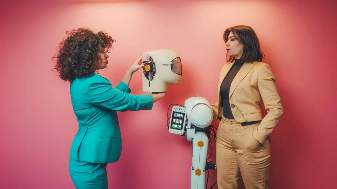 Devant un fond rose uni, deux femmes en tailleur se tiennent de part et d’autre d’un robot humanoïde blanc. À gauche, une femme en costume vert tient entre ses mains la tête mécanique du robot, comme si elle l’examinait ou la retirait. À droite, une femme en tailleur beige observe la scène, mains dans les poches, avec une expression interrogative. Cette image accompagne la réflexion “Comment convaincre mon boss de ne pas utiliser l’IA”, en symbolisant la confrontation entre décision managériale, technologie et questionnement humain.