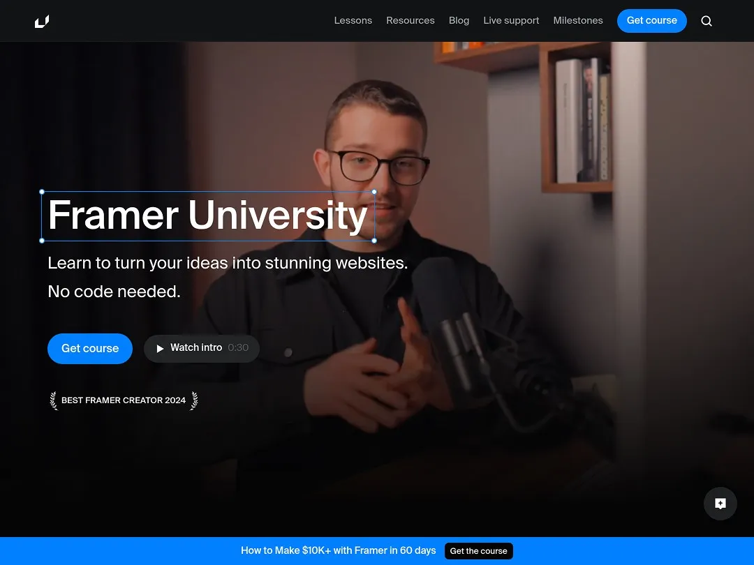 Man presenting with microphone, promoting Framer University course.
