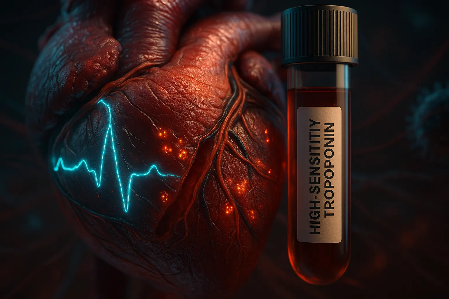 Cinematic 3D heart with a glowing ECG line beside a blood tube labeled high-sensitivity troponin.