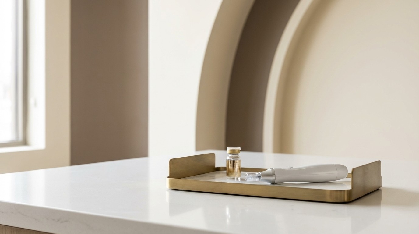 Een medische esthetische set op een witte balie. Op de set: een klein gouden flesje en een steriel wit dermapen-apparaat. Op de achtergrond een zacht gefocuste gipsen boog. Professioneel medisch maar luxueus. Stijl: High-end architectuurfotografie, 8k resolutie, zacht daglicht, minimalistische luxe, neutraal kleurpalet (Beige Taupe Crème Zacht Goud).