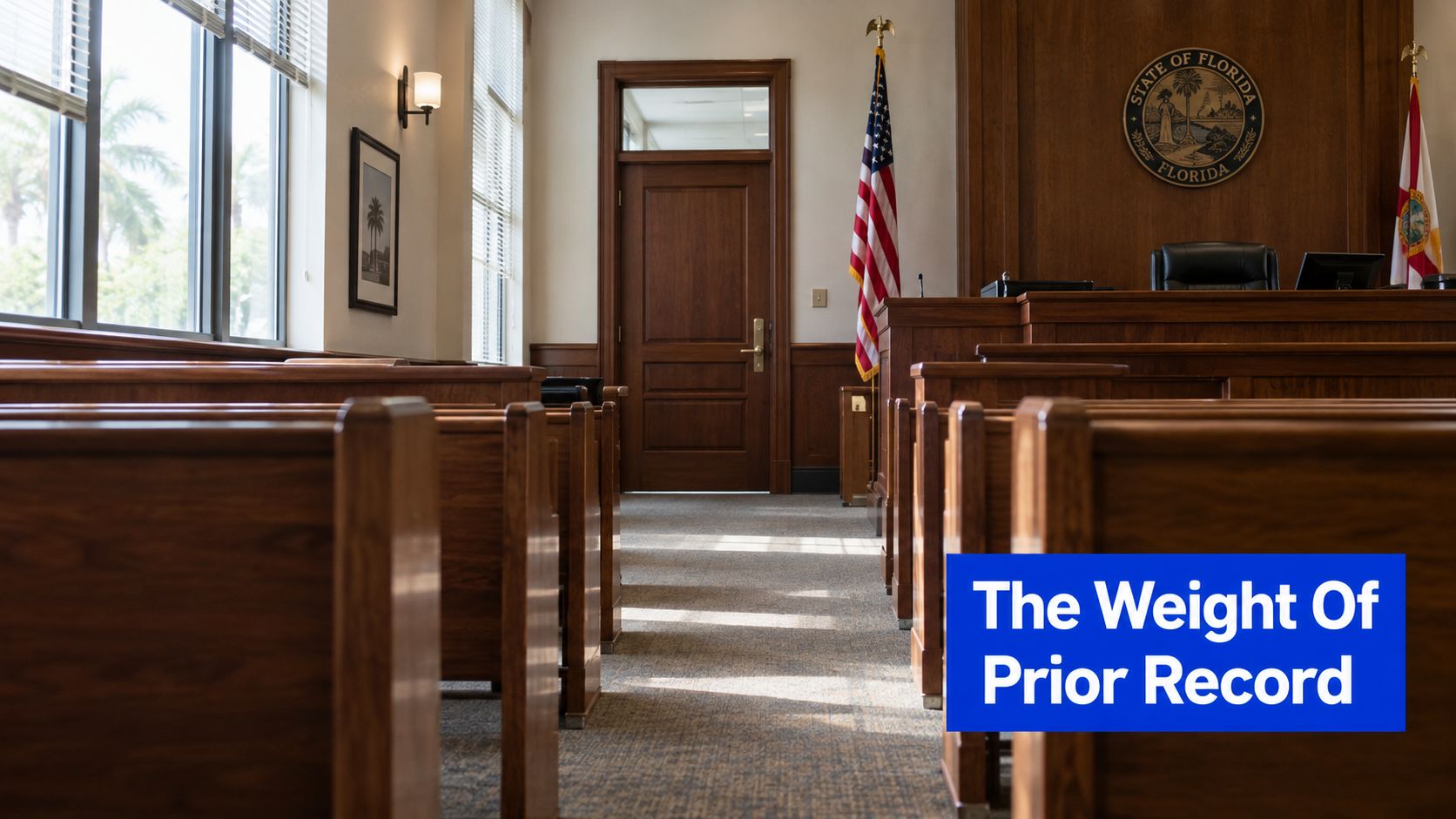 A courtroom interior in Florida featuring wooden benches and the state seal on the wall.