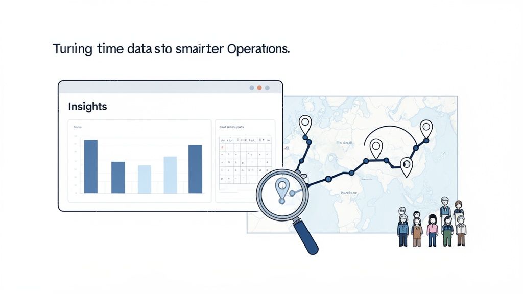 Dashboard showing data insights, a map with a traced route and location pins, and a diverse group of people.