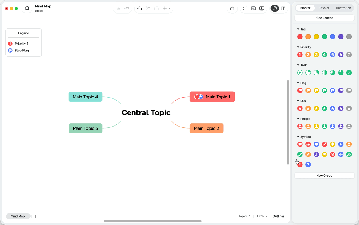 A screenshot of the Marker panel in Xmind Desktop, showing the New Group button for creating a custom marker group.