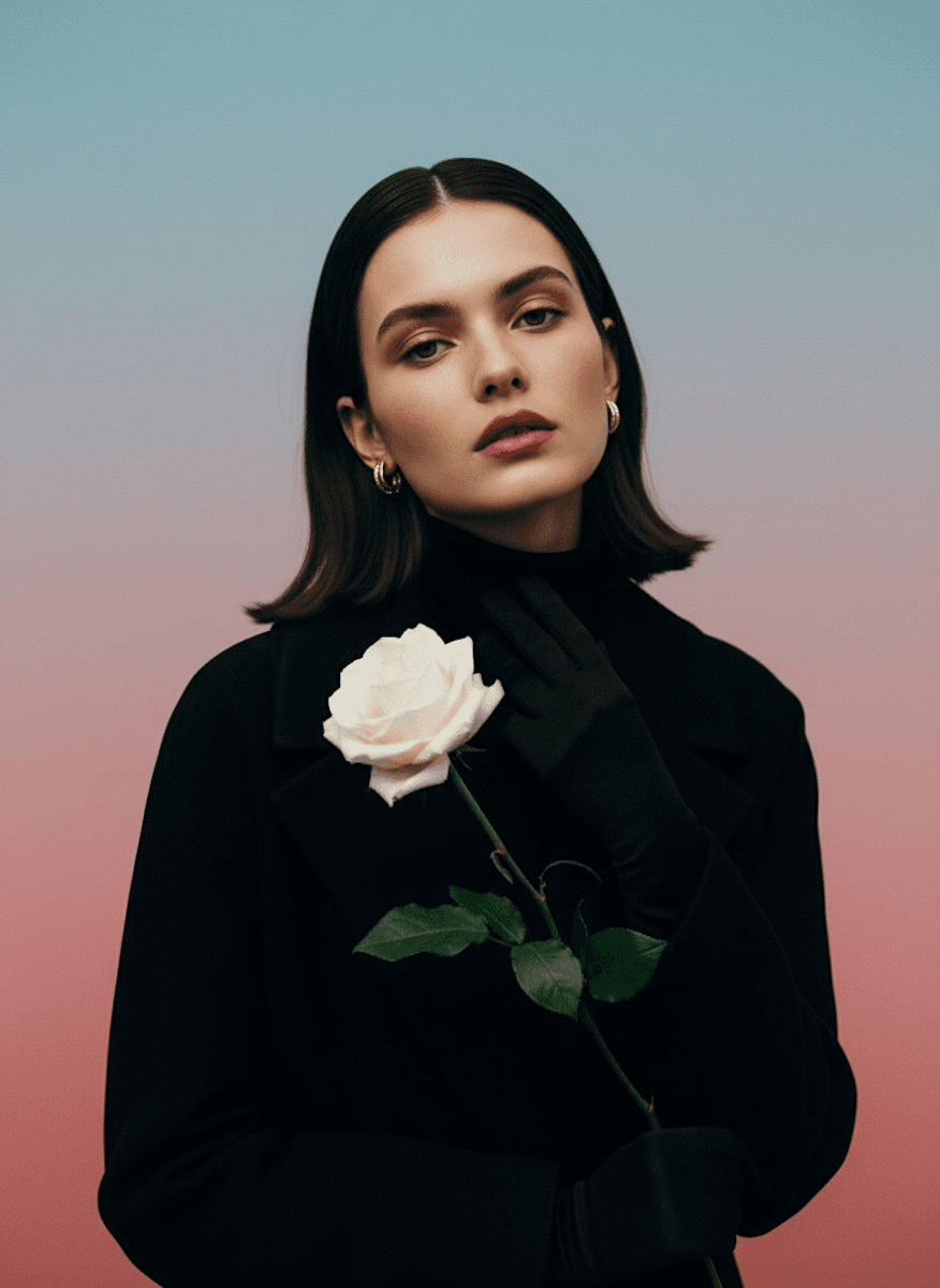 A woman posing with rose in her hand