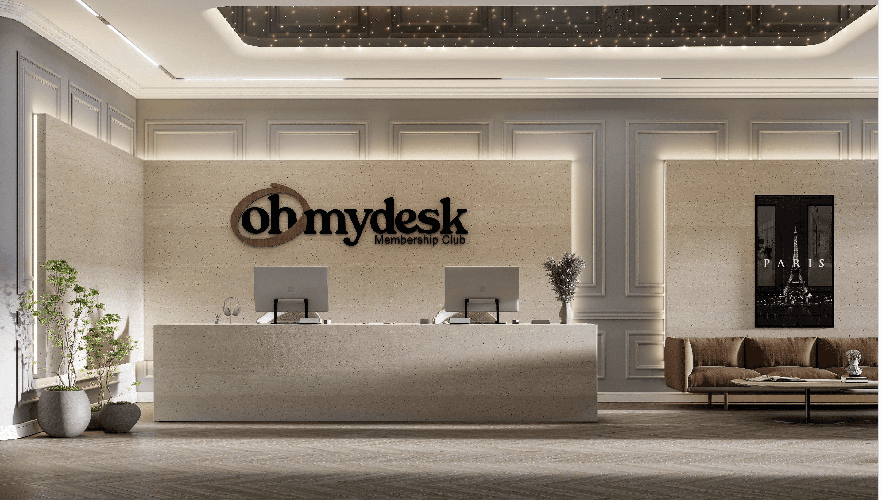 Elegant front desk and check-in area at Oh My Desk serviced office D3 Dubai