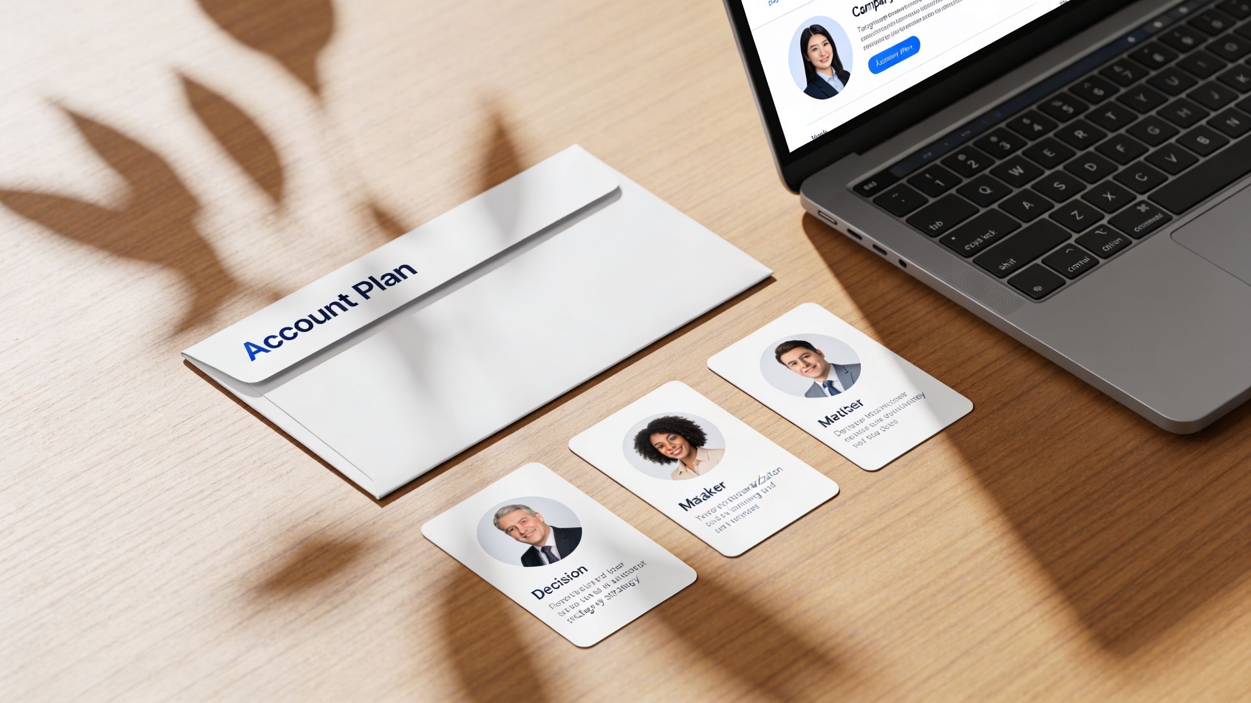 A professional desk setup featuring an account plan envelope, laptop, and business cards showing sales team profiles.