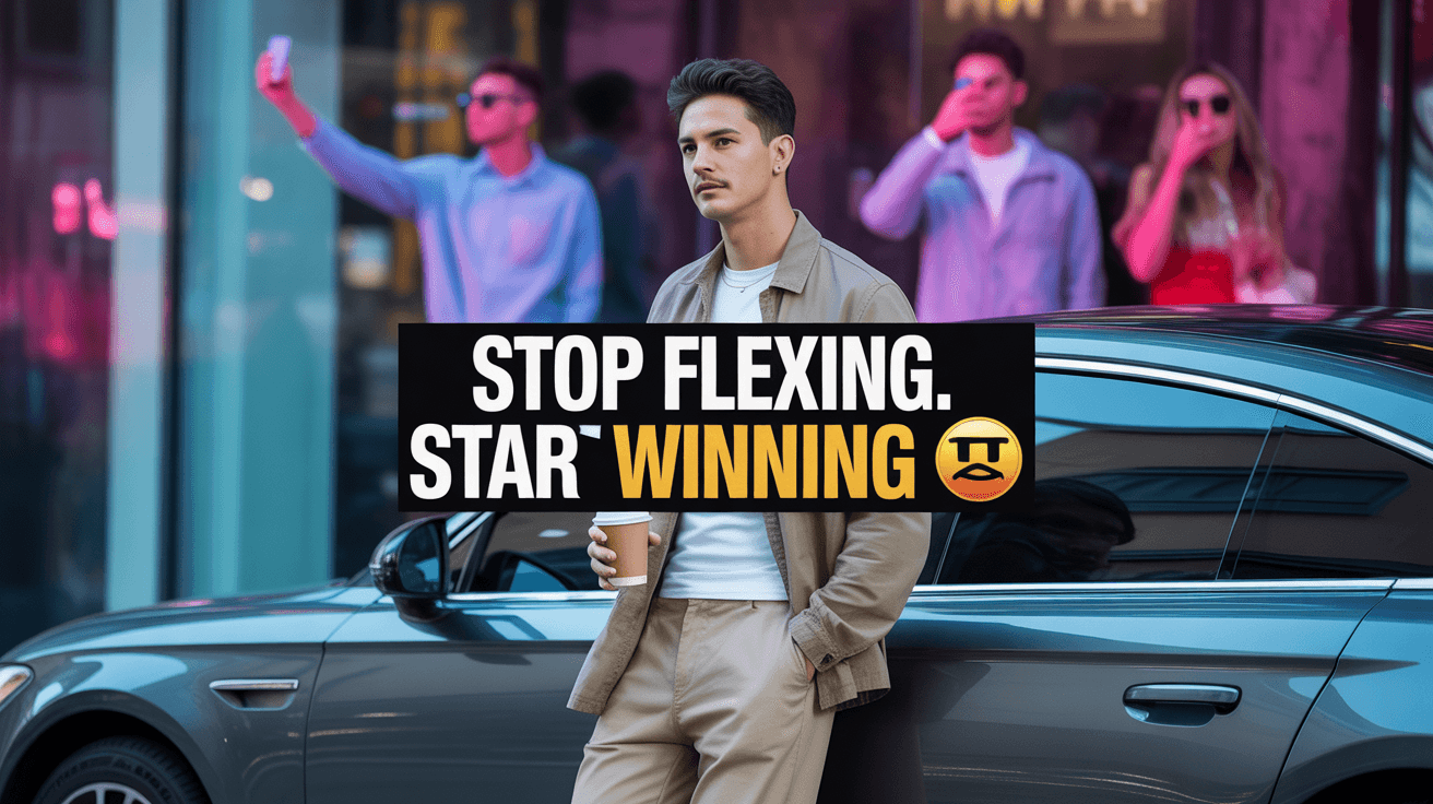 Gen Z creator by luxury car with coffee and Stop Flexing Start Winning text in neon city scene