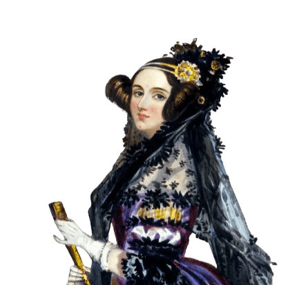 This image depicts Ada Lovelace, an English mathematician and writer known as the first computer programmer for her work on Charles Babbage's early mechanical general-purpose computer, the Analytical Engine. She is portrayed in elegant Victorian attire, with a lavender dress, lace shawl, and hair adorned with flowers, reflecting her 19th-century aristocratic background.