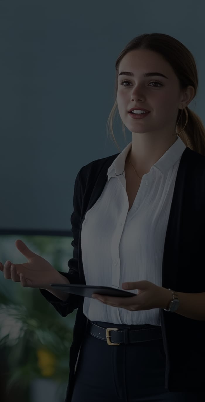 A young woman presenting an Intelligence Briefing to senior leaders