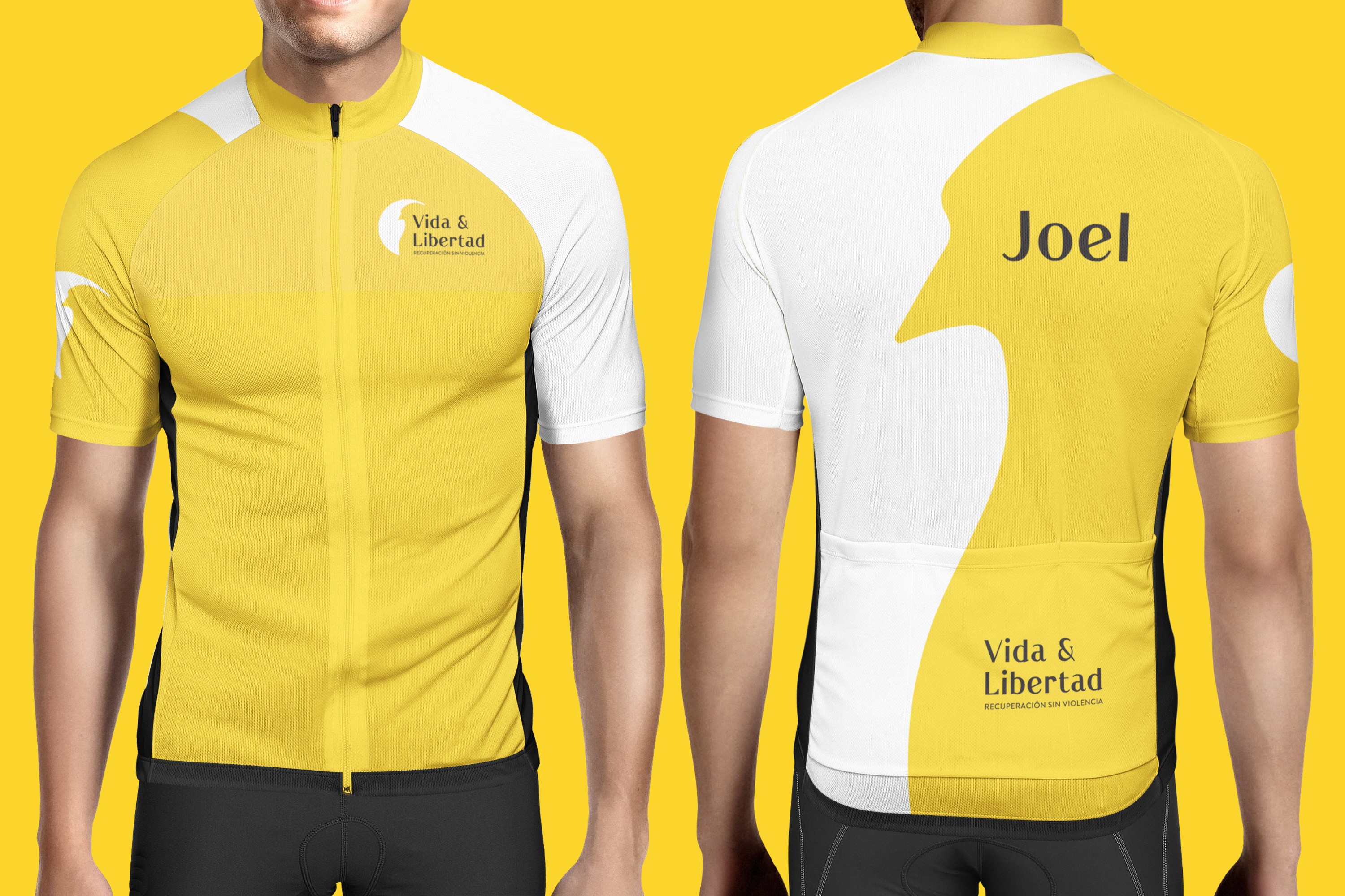 Front and back views of Vida & Libertad cycling jerseys featuring bright yellow and white branding, the nonprofit’s logo, and a personalized name on the back.