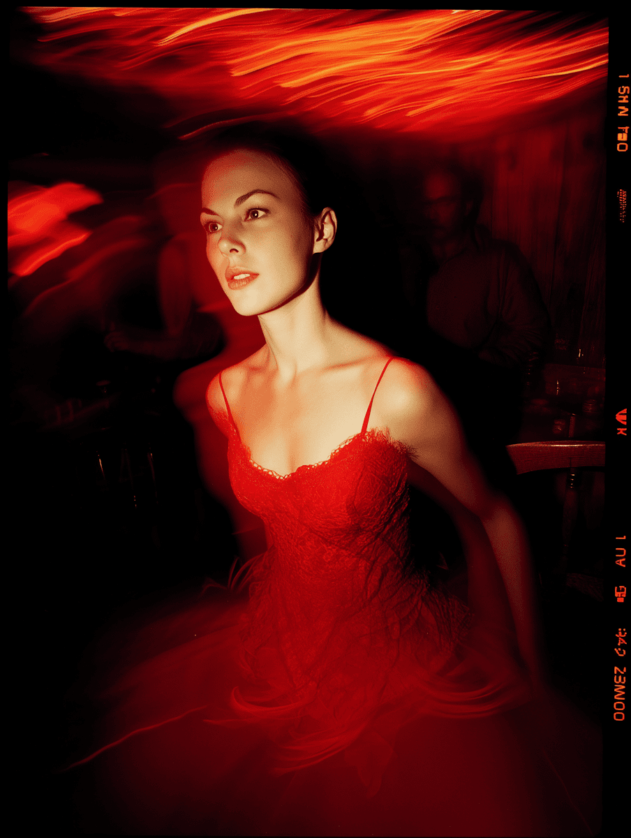 Motion-blurred night portrait of a woman in a red lace top