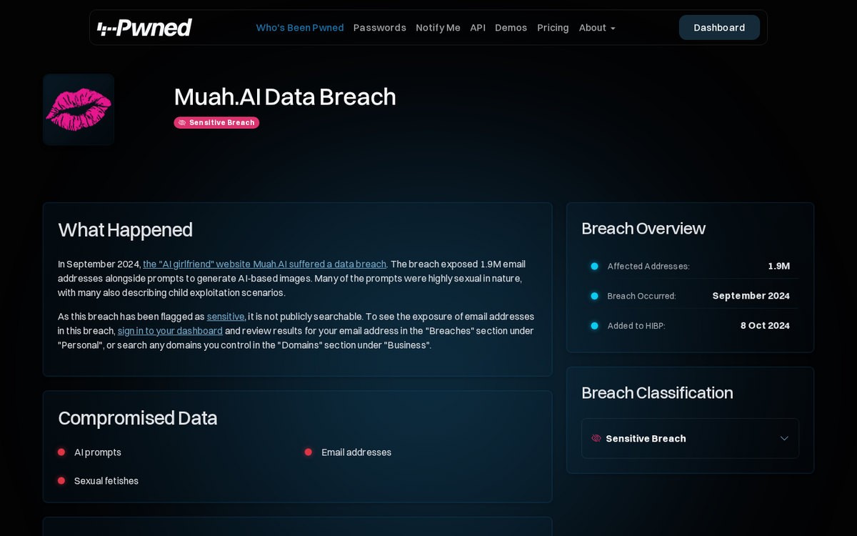 Have I Been Pwned’s entry for the September 2024 Muah.AI breach, listing 1.9 million affected accounts, September 2026.