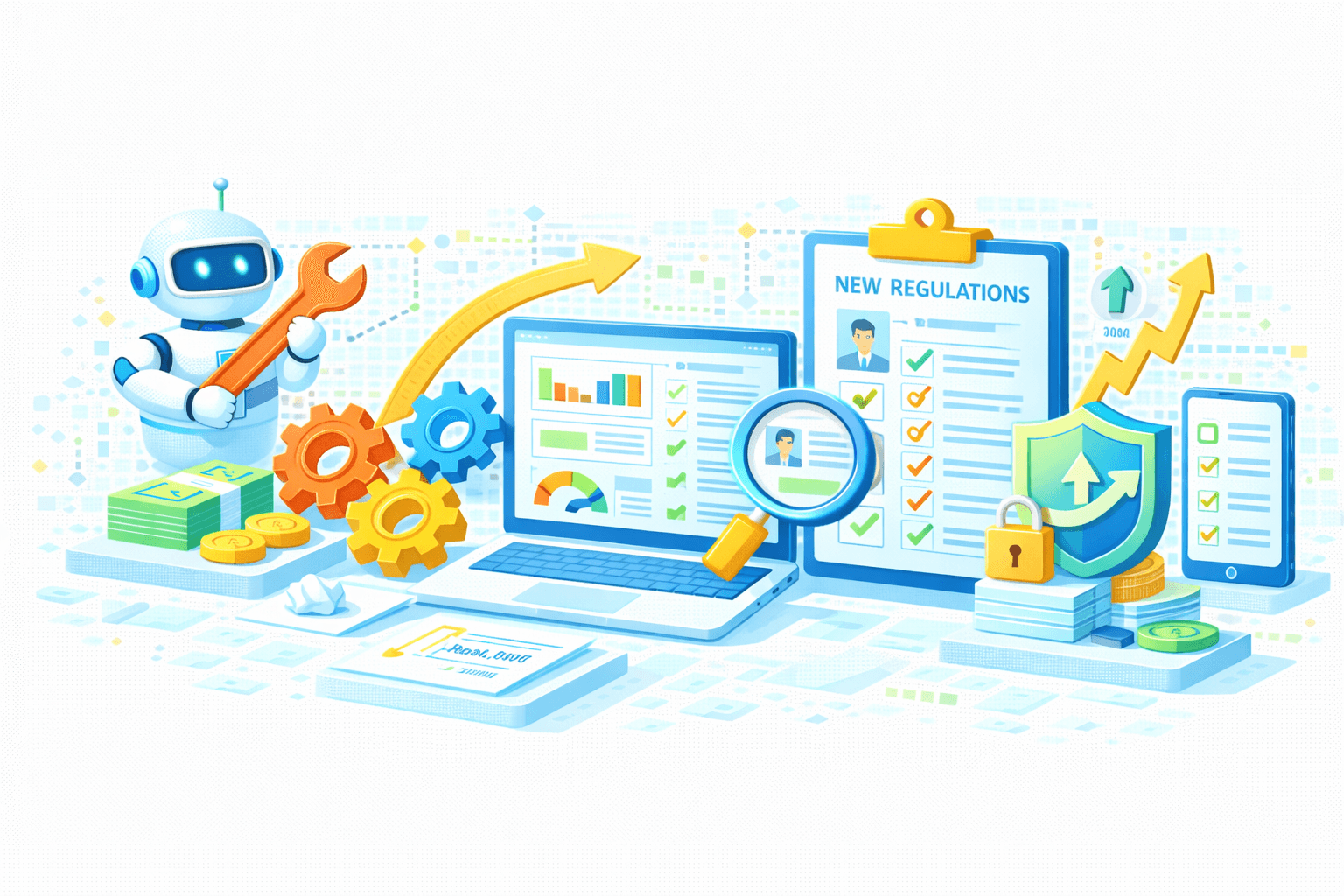 Ilustrasi AI‑driven regulatory change management & compliance optimization. Di kiri, AI/robot assistant memegang kunci inggris di dekat roda gigi, tumpukan uang/koin, dan grafik, melambangkan penyesuaian sistem otomatis. Di tengah, laptop menampilkan dashboard analitik (grafik, checklist hijau, dan indikator kinerja) dengan kaca pembesar untuk review kepatuhan. Di kanan, clipboard “NEW REGULATIONS” berisi checklist kepatuhan, perisai dengan panah naik dan ikon gembok menandakan keamanan dan peningkatan kepatuhan, serta smartphone dengan checklist verifikasi. Panah tren naik menggambarkan peningkatan kinerja setelah implementasi regulasi baru. Visual merepresentasikan adaptasi regulasi, otomasi berbasis AI, monitoring, dan kepatuhan end‑to‑end yang aman.