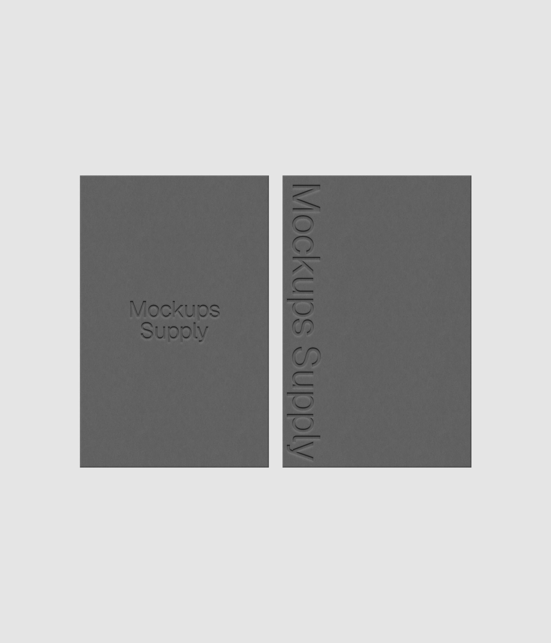 Two European business cards mockup PSD with debossed logo effect, gray cards on white background, clean modern stationery mockup for brand identity