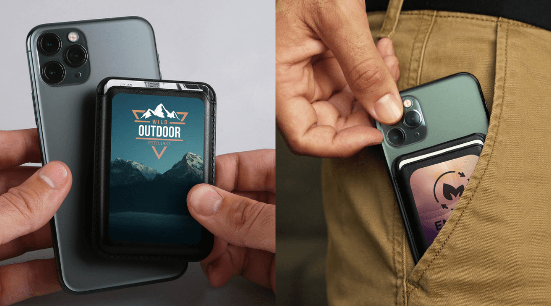 two images side by side depicting the magnetic phone wallet in use. In the left image the wallet is being attached to the phone while in the right image the person is pulling their phone with the wallet on it out of their pocket.